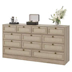 Commode en bois de 61" de large avec 12 tiroirs en rotin, meuble de rangement pour chambre, couloir, meuble TV moderne pour TV de 65"
