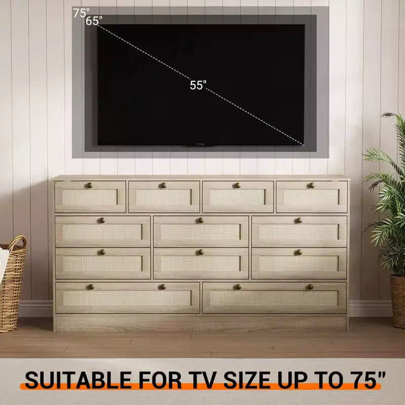 61" Wide Wood Dresser with 12 Rattan Drawers, Chest of Drawers for Bedroom, Hallway, Modern TV Stand for 65" TV
