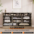 Commode en bois de 61" de large avec 12 tiroirs en rotin, meuble de rangement pour chambre, couloir, meuble TV moderne pour TV de 65"