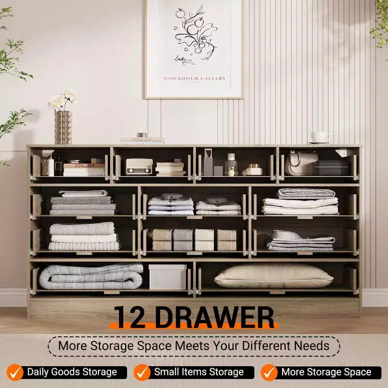 61" Wide Wood Dresser with 12 Rattan Drawers, Chest of Drawers for Bedroom, Hallway, Modern TV Stand for 65" TV