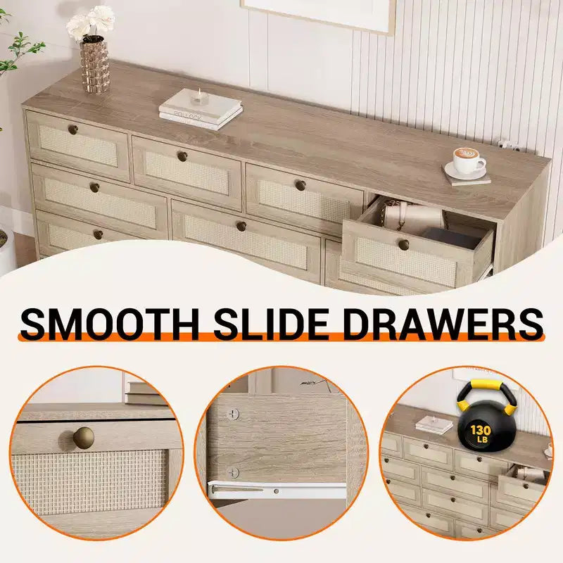 61" Wide Wood Dresser with 12 Rattan Drawers, Chest of Drawers for Bedroom, Hallway, Modern TV Stand for 65" TV