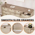 Commode en bois de 61" de large avec 12 tiroirs en rotin, meuble de rangement pour chambre, couloir, meuble TV moderne pour TV de 65"