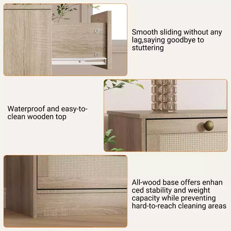 61" Wide Wood Dresser with 12 Rattan Drawers, Chest of Drawers for Bedroom, Hallway, Modern TV Stand for 65" TV