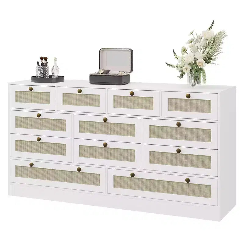 61" Wide Wood Dresser with 12 Rattan Drawers, Chest of Drawers for Bedroom, Hallway, Modern TV Stand for 65" TV