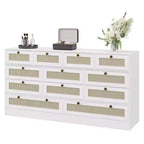 Commode en bois de 61" de large avec 12 tiroirs en rotin, meuble de rangement pour chambre, couloir, meuble TV moderne pour TV de 65"