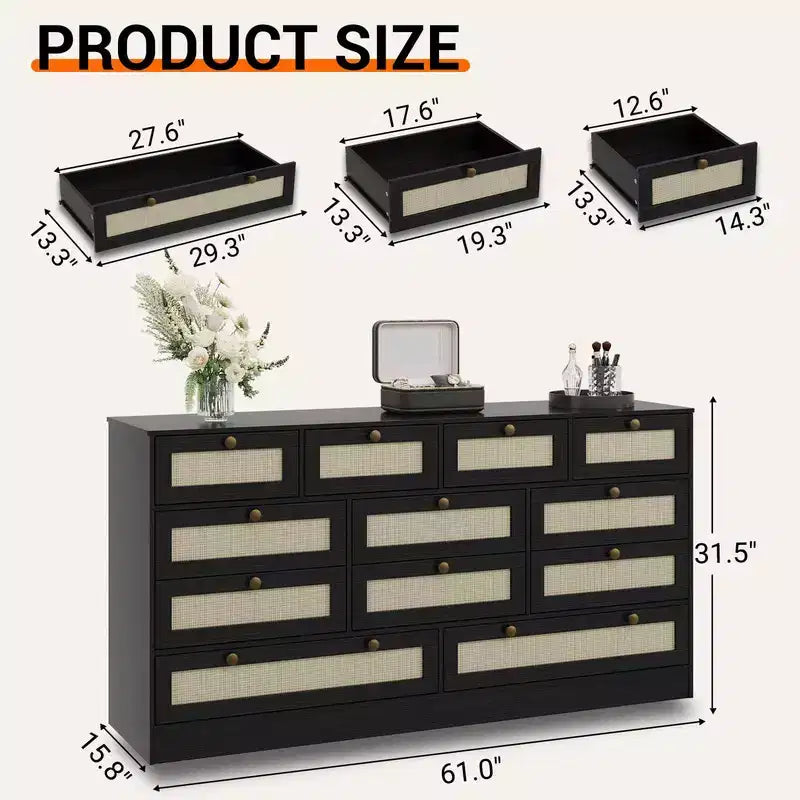 61" Wide Wood Dresser with 12 Rattan Drawers, Chest of Drawers for Bedroom, Hallway, Modern TV Stand for 65" TV