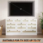 Commode en bois de 61" de large avec 12 tiroirs en rotin, meuble de rangement pour chambre, couloir, meuble TV moderne pour TV de 65"