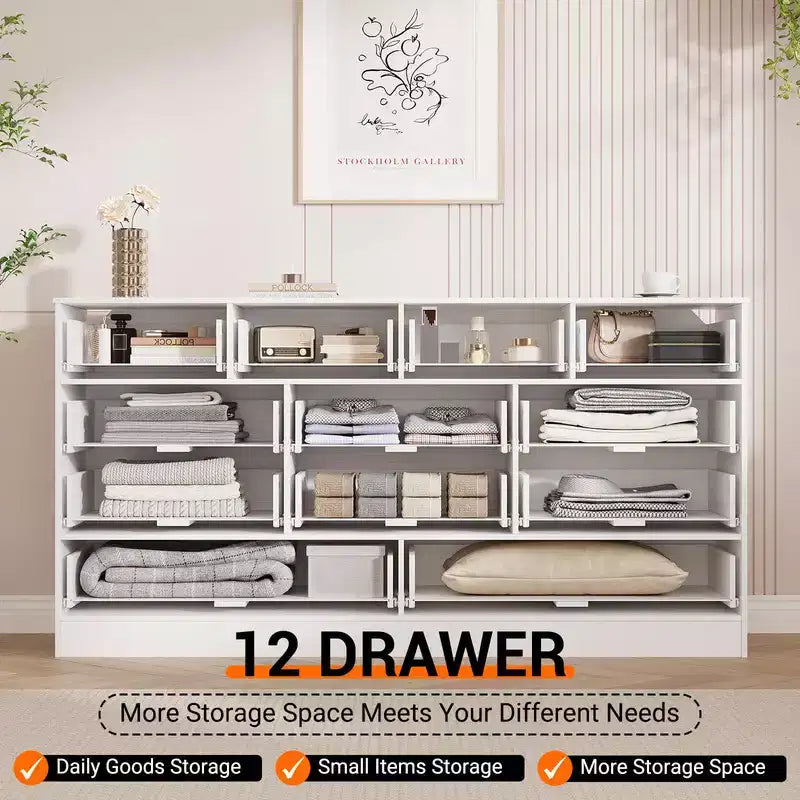 61" Wide Wood Dresser with 12 Rattan Drawers, Chest of Drawers for Bedroom, Hallway, Modern TV Stand for 65" TV