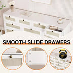 Commode en bois de 61" de large avec 12 tiroirs en rotin, meuble de rangement pour chambre, couloir, meuble TV moderne pour TV de 65"