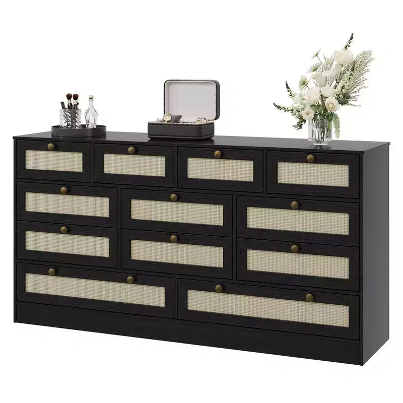 61" Wide Wood Dresser with 12 Rattan Drawers, Chest of Drawers for Bedroom, Hallway, Modern TV Stand for 65" TV