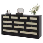 Commode en bois de 61" de large avec 12 tiroirs en rotin, meuble de rangement pour chambre, couloir, meuble TV moderne pour TV de 65"