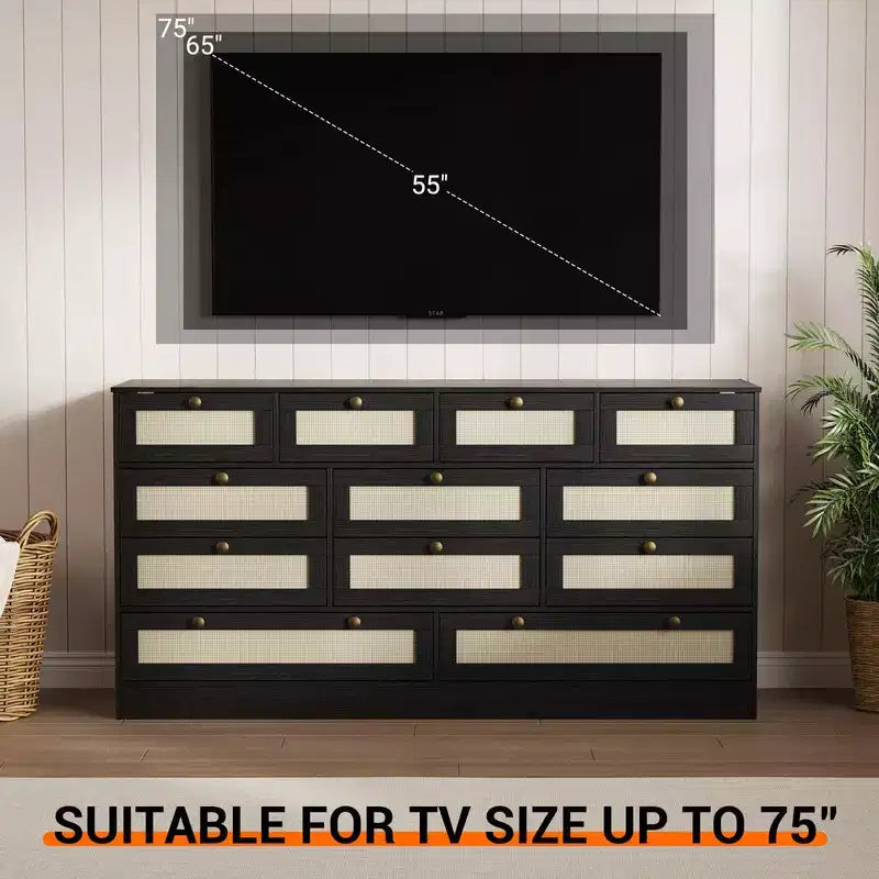61" Wide Wood Dresser with 12 Rattan Drawers, Chest of Drawers for Bedroom, Hallway, Modern TV Stand for 65" TV