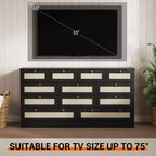 Commode en bois de 61" de large avec 12 tiroirs en rotin, meuble de rangement pour chambre, couloir, meuble TV moderne pour TV de 65"