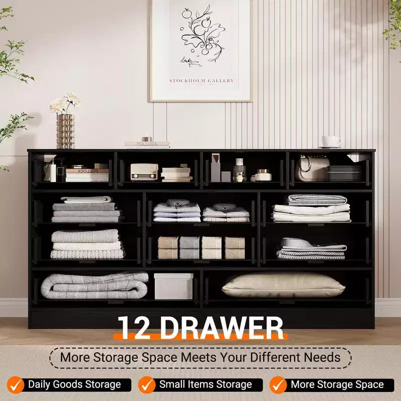 61" Wide Wood Dresser with 12 Rattan Drawers, Chest of Drawers for Bedroom, Hallway, Modern TV Stand for 65" TV