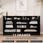 Commode en bois de 61" de large avec 12 tiroirs en rotin, meuble de rangement pour chambre, couloir, meuble TV moderne pour TV de 65"