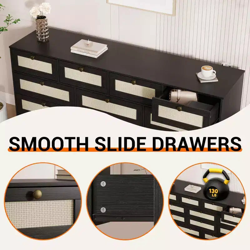 61" Wide Wood Dresser with 12 Rattan Drawers, Chest of Drawers for Bedroom, Hallway, Modern TV Stand for 65" TV