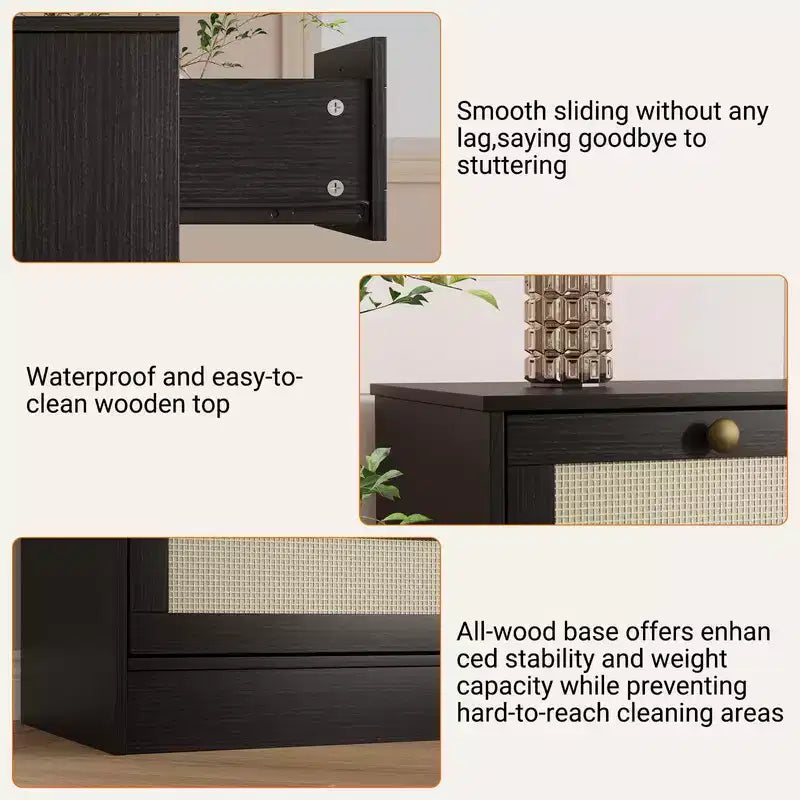 61" Wide Wood Dresser with 12 Rattan Drawers, Chest of Drawers for Bedroom, Hallway, Modern TV Stand for 65" TV