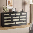 Coolmee Wood Dressers for with 12 Rattan Drawers, 61 Wide Chest of Drawers, Hallway, Wooden Closet Dressers, Modern TV Stand Dresser for 65 Inch TV