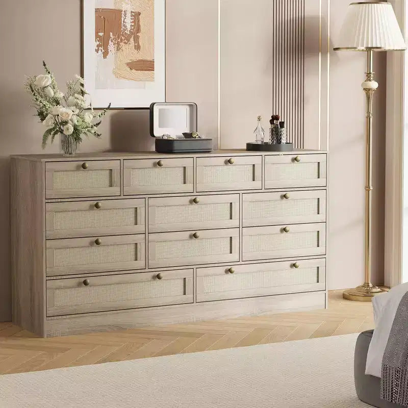 61" Wide Wood Dresser with 12 Rattan Drawers, Chest of Drawers for Bedroom, Hallway, Modern TV Stand for 65" TV