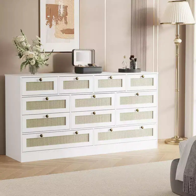 61" Wide Wood Dresser with 12 Rattan Drawers, Chest of Drawers for Bedroom, Hallway, Modern TV Stand for 65" TV