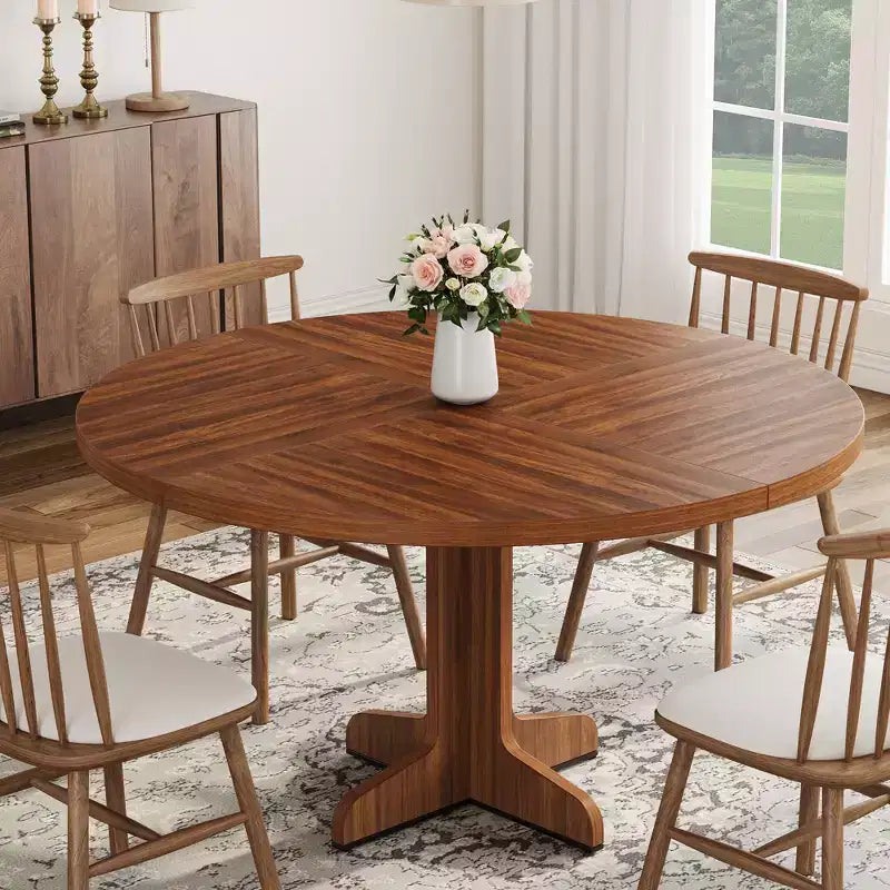 Round Dining Table for 4, Circle Dining Room Table with Wooden Base for Kitchen, Living Room,Walnut