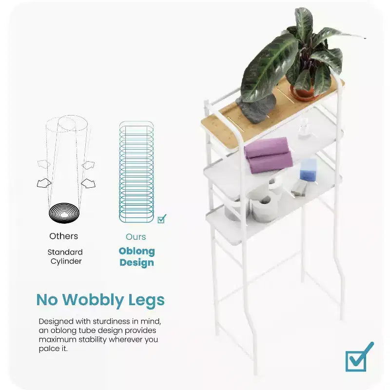 Home Zone Living Over-the-Toilet 3-Tier Storage Organizer with Bamboo Accent and Steel Frame, Freestanding Bathroom Shelf, White