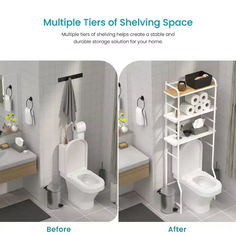 Home Zone Living Over-the-Toilet 3-Tier Storage Organizer with Bamboo Accent and Steel Frame, Freestanding Bathroom Shelf, White