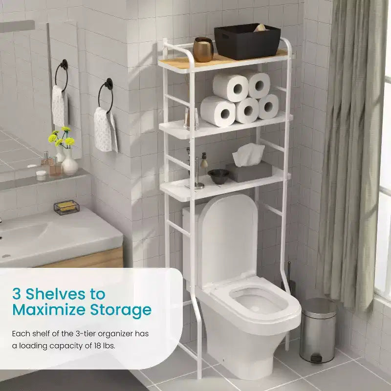 Home Zone Living Over-the-Toilet 3-Tier Storage Organizer with Bamboo Accent and Steel Frame, Freestanding Bathroom Shelf, White