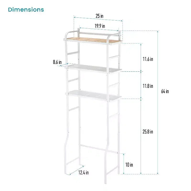 Home Zone Living Over-the-Toilet 3-Tier Storage Organizer with Bamboo Accent and Steel Frame, Freestanding Bathroom Shelf, White