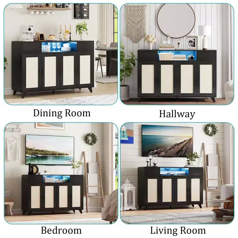4 Doors and 2 Drawers, Rattan Sideboard Buffet Cabinet Power Outlet,for Kitchen, Dining Room,Wood color