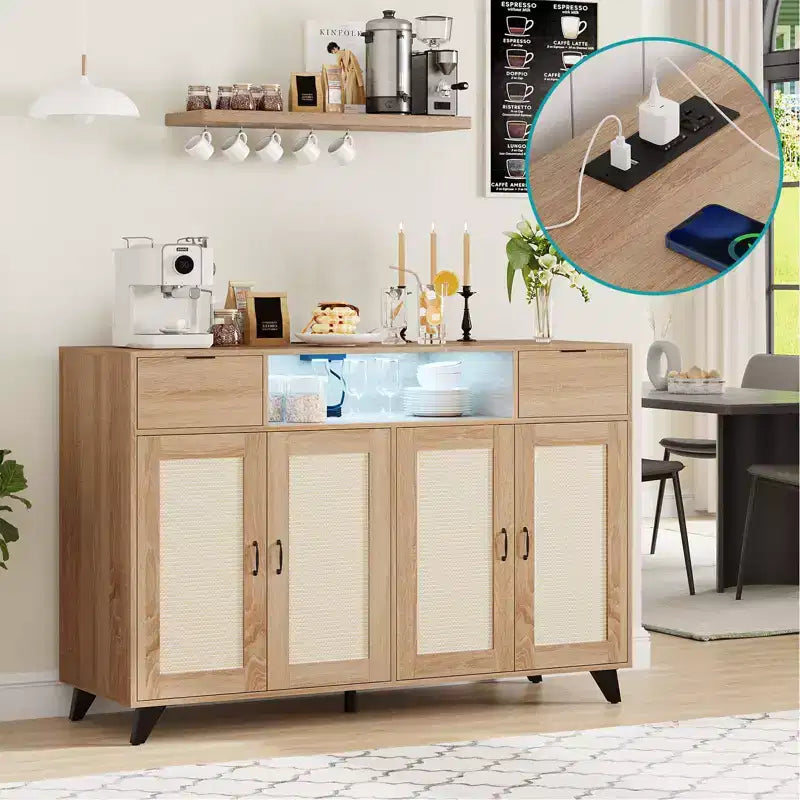 4 Doors and 2 Drawers, Rattan Sideboard Buffet Cabinet Power Outlet,for Kitchen, Dining Room,Wood color