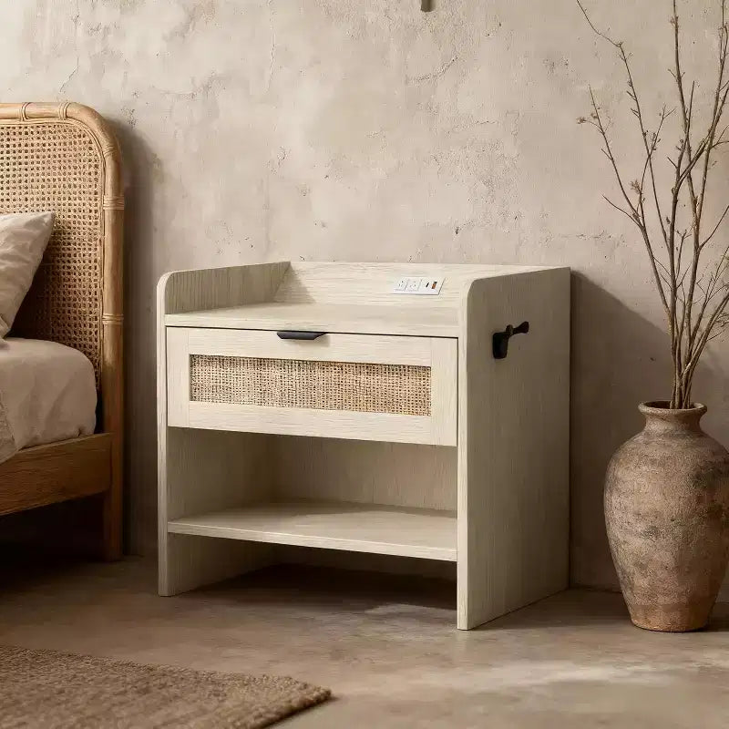 COZONY Rattan Nightstand with Charging Station, Boho Bedside Table with Type-C USB and Power Outlets for Bedroom and Living Room