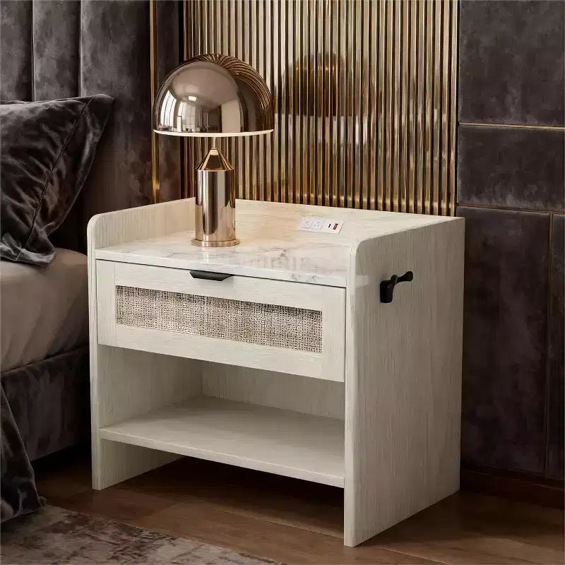 COZONY Rattan Nightstand with Charging Station, Boho Bedside Table with Type-C USB and Power Outlets for Bedroom and Living Room