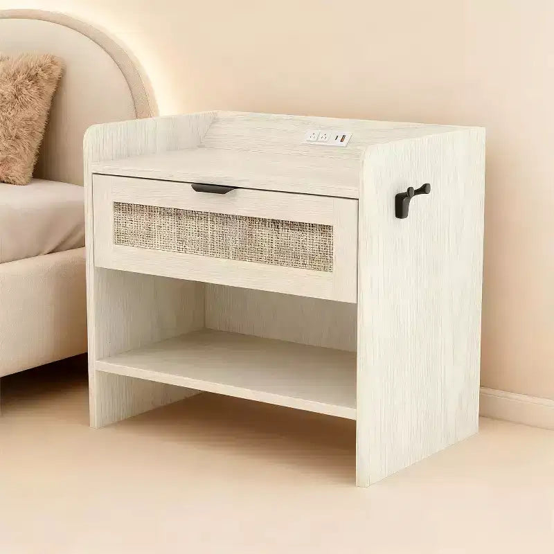 COZONY Rattan Nightstand with Charging Station, Boho Bedside Table with Type-C USB and Power Outlets for Bedroom and Living Room