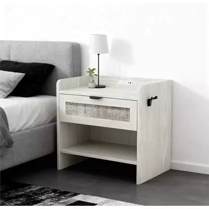 COZONY Rattan Nightstand with Charging Station, Boho Bedside Table with Type-C USB and Power Outlets for Bedroom and Living Room