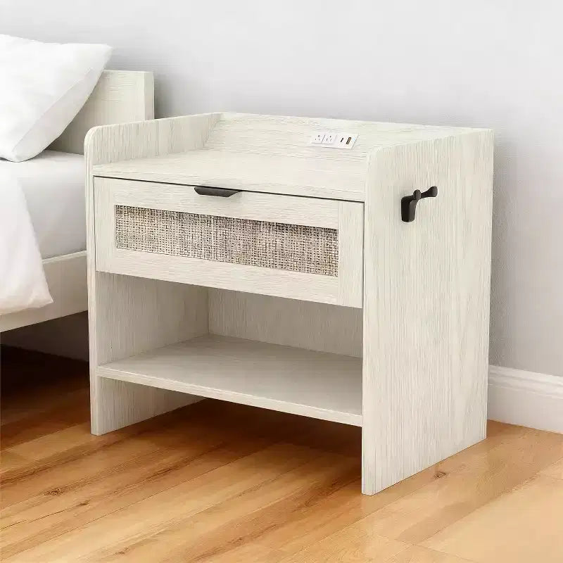 COZONY Rattan Nightstand with Charging Station, Boho Bedside Table with Type-C USB and Power Outlets for Bedroom and Living Room