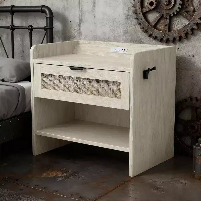COZONY Rattan Nightstand with Charging Station, Boho Bedside Table with Type-C USB and Power Outlets for Bedroom and Living Room