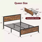 Lit coffre Queen Size avec 4 tiroirs, tête et pied de lit en bois, sommier à lattes en acier robuste, silencieux, sans sommier tapissier et montage facile