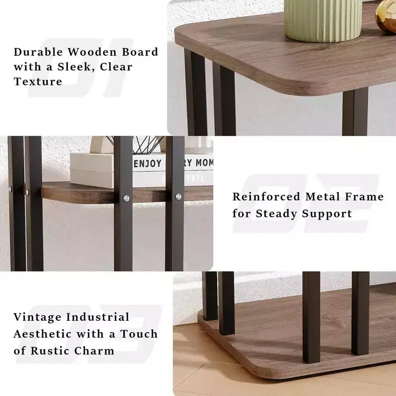 Rectangular Side End 3-Tier Shelves Sofa Table, 24.8" Deep Oak/Black