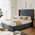 Lit plateforme Queen Size capitonné avec tête de lit à oreilles – 141 cm de haut, lattes en bois massif, pas besoin de sommier tapissier, fondation silencieuse