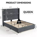 Lit plateforme Queen Size capitonné avec tête de lit à oreilles – 141 cm de haut, lattes en bois massif, pas besoin de sommier tapissier, fondation silencieuse