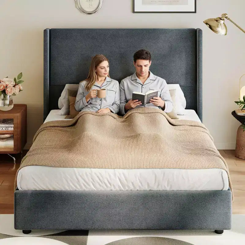 Queen Size Wingback Headboard Upholstered Platform Bed - 55.5" Tall, Solid Wooden Slats, No Box Spring Needed, Noise-Free Foundation