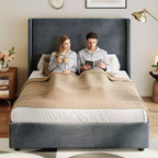 Lit plateforme Queen Size capitonné avec tête de lit à oreilles – 141 cm de haut, lattes en bois massif, pas besoin de sommier tapissier, fondation silencieuse