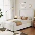 Lit plateforme Queen Size capitonné avec tête de lit à oreilles – 141 cm de haut, lattes en bois massif, pas besoin de sommier tapissier, fondation silencieuse