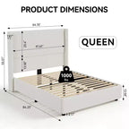 Lit plateforme Queen Size capitonné avec tête de lit à oreilles – 141 cm de haut, lattes en bois massif, pas besoin de sommier tapissier, fondation silencieuse
