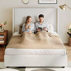 Lit plateforme Queen Size capitonné avec tête de lit à oreilles – 141 cm de haut, lattes en bois massif, pas besoin de sommier tapissier, fondation silencieuse