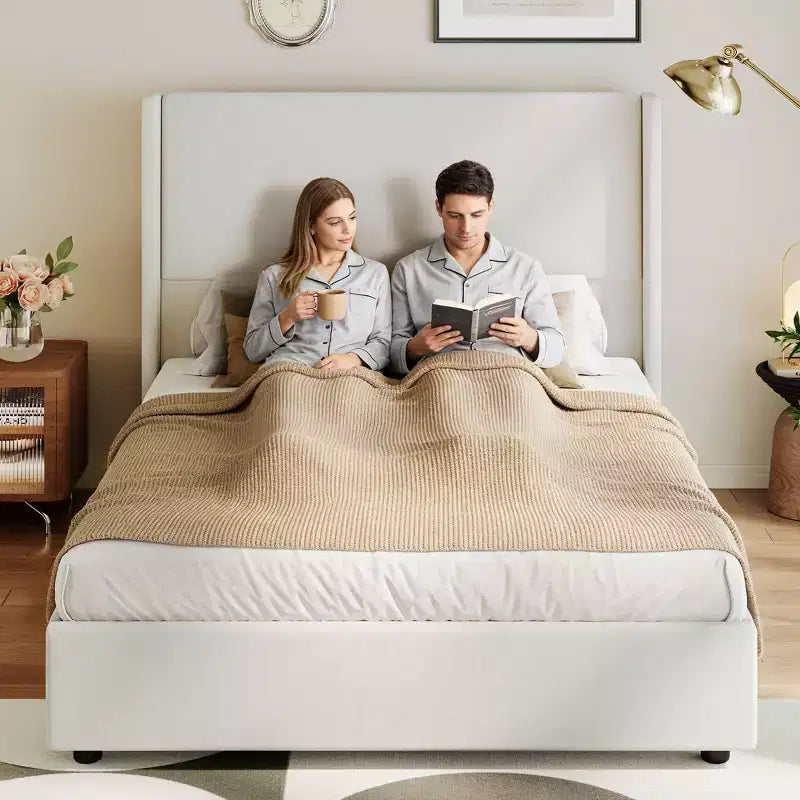 Queen Size Wingback Headboard Upholstered Platform Bed - 55.5" Tall, Solid Wooden Slats, No Box Spring Needed, Noise-Free Foundation