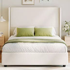 Dyonery Queen Size Wingback Headboard Upholstered Platform Bed - 55.5 Tall, Solid Wooden Slats, No Box Spring Needed, Noise-Free Foundation