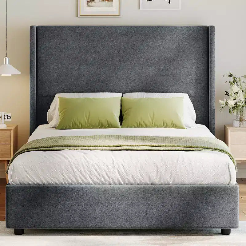 Queen Size Wingback Headboard Upholstered Platform Bed - 55.5" Tall, Solid Wooden Slats, No Box Spring Needed, Noise-Free Foundation