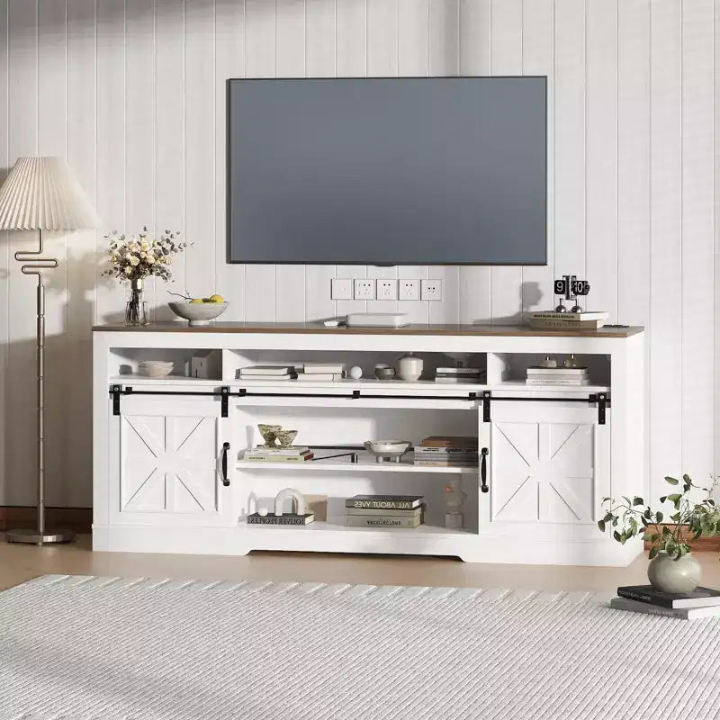 66 Farmhouse TV Stand for 75 TVs, Entertainment Console with Barn Doors, Adjustable Shelf and Semi-Open Storage for Living Room